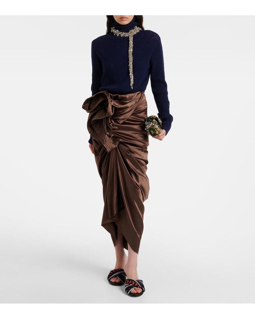 Dries Van Noten Brown Draped Silk-Blend Satin Midi Skirt