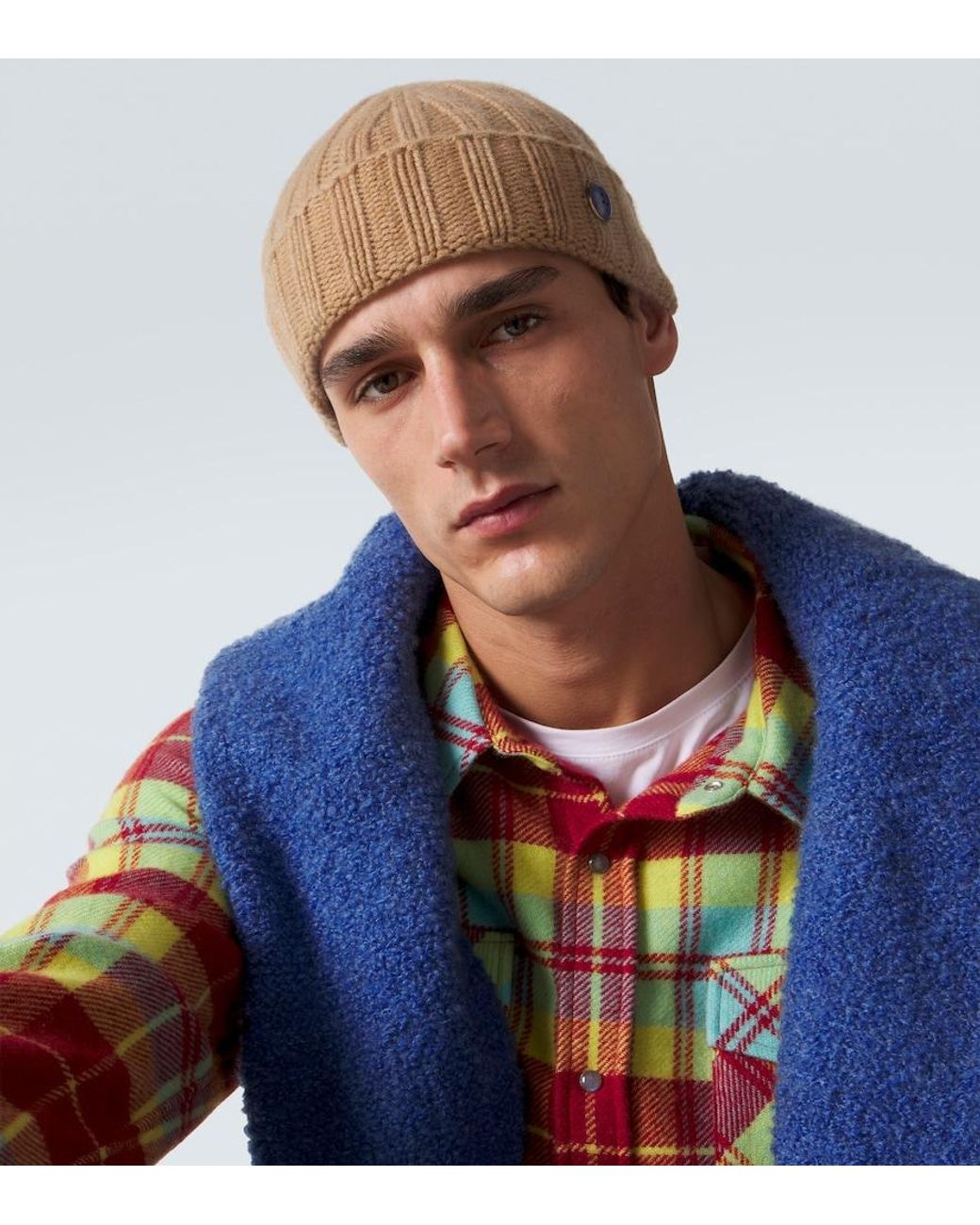 God's True Cashmere Brown Cashmere Beanie With Lapis Lazuli for men