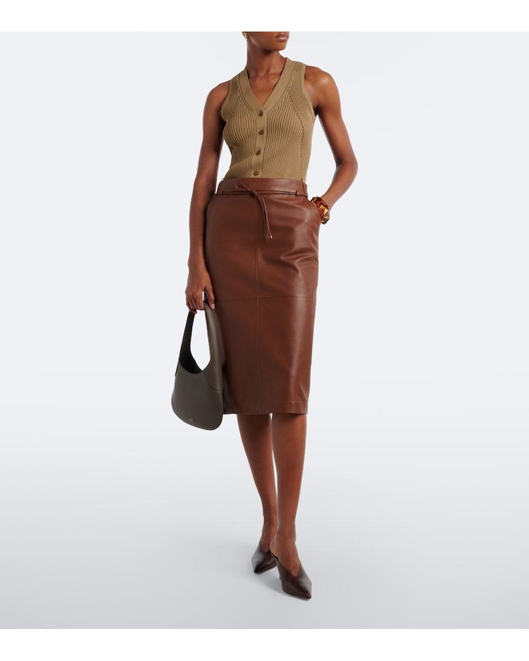 Max Mara Brown Leather Midi Skirt