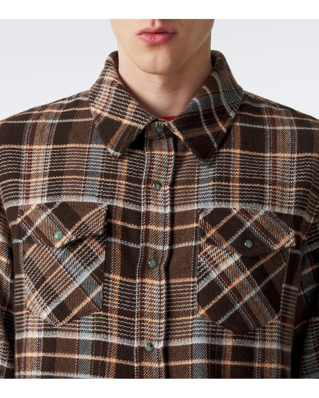 God's True Cashmere Brown Wilderness Plaid Cashmere Shirt With Emeralds for men
