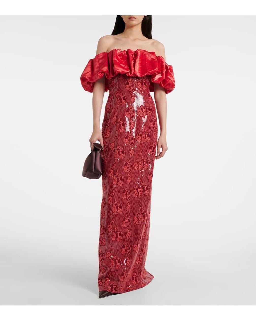 Markarian Red Rowan Sequined Off-Shoulder Bustier Gown