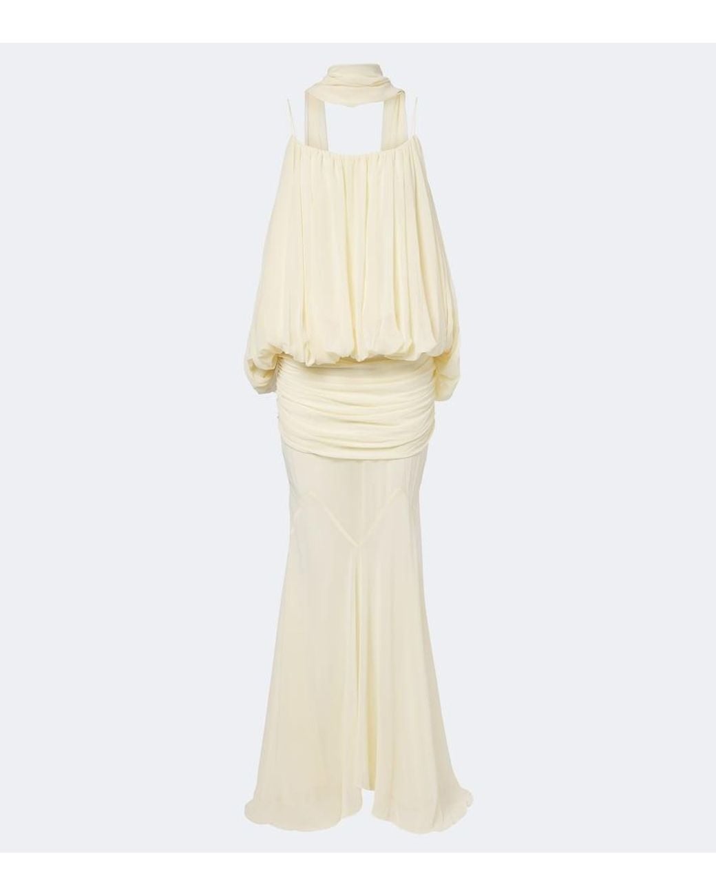 De La Vali White Inara Gathered Chiffon Maxi Dress