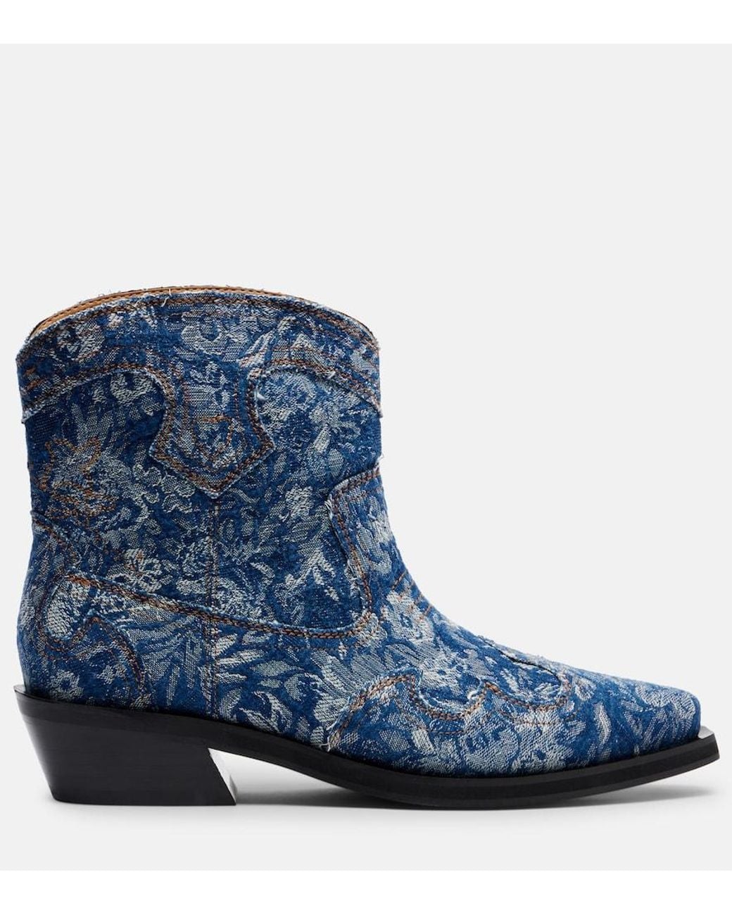 Ganni Blue Low Shaft Embroidered Jacquard Cowboy Boots