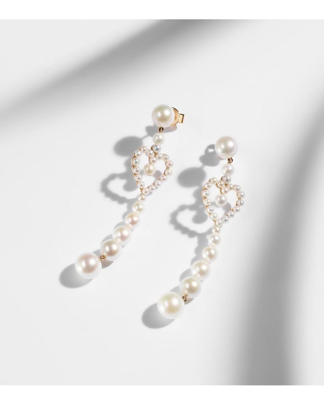 Sophie Bille Brahe White Pearl Heart 14Kt Drop Earrings With Freshwater Pearls