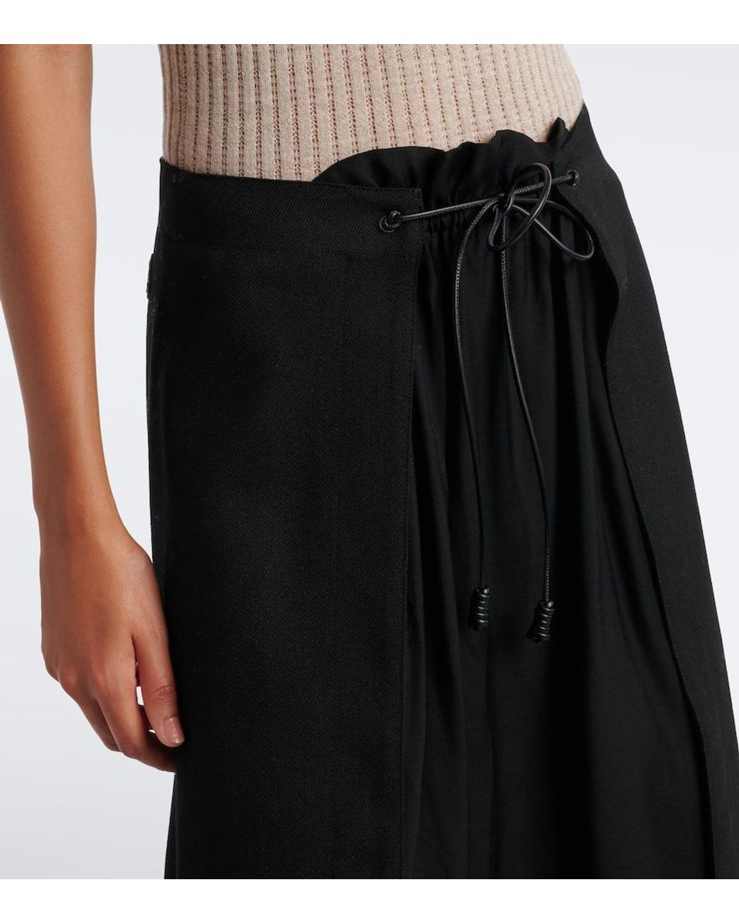 Moncler Black Leather-Trimmed Virgin Wool Midi Skirt