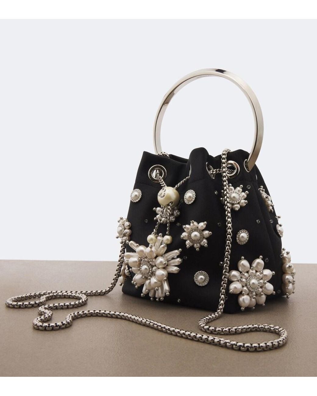 Jimmy Choo Bon Bon Embellished Satin Bucket Bag in Black | Lyst UK
