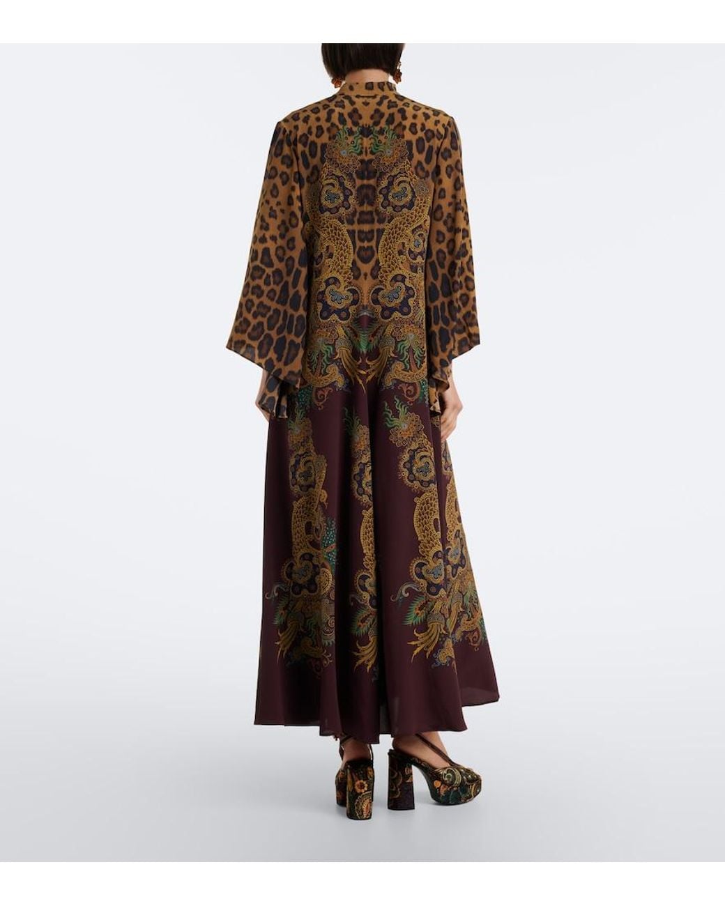 Etro Brown Leopard-Print Tie-Neck Silk Maxi Dress