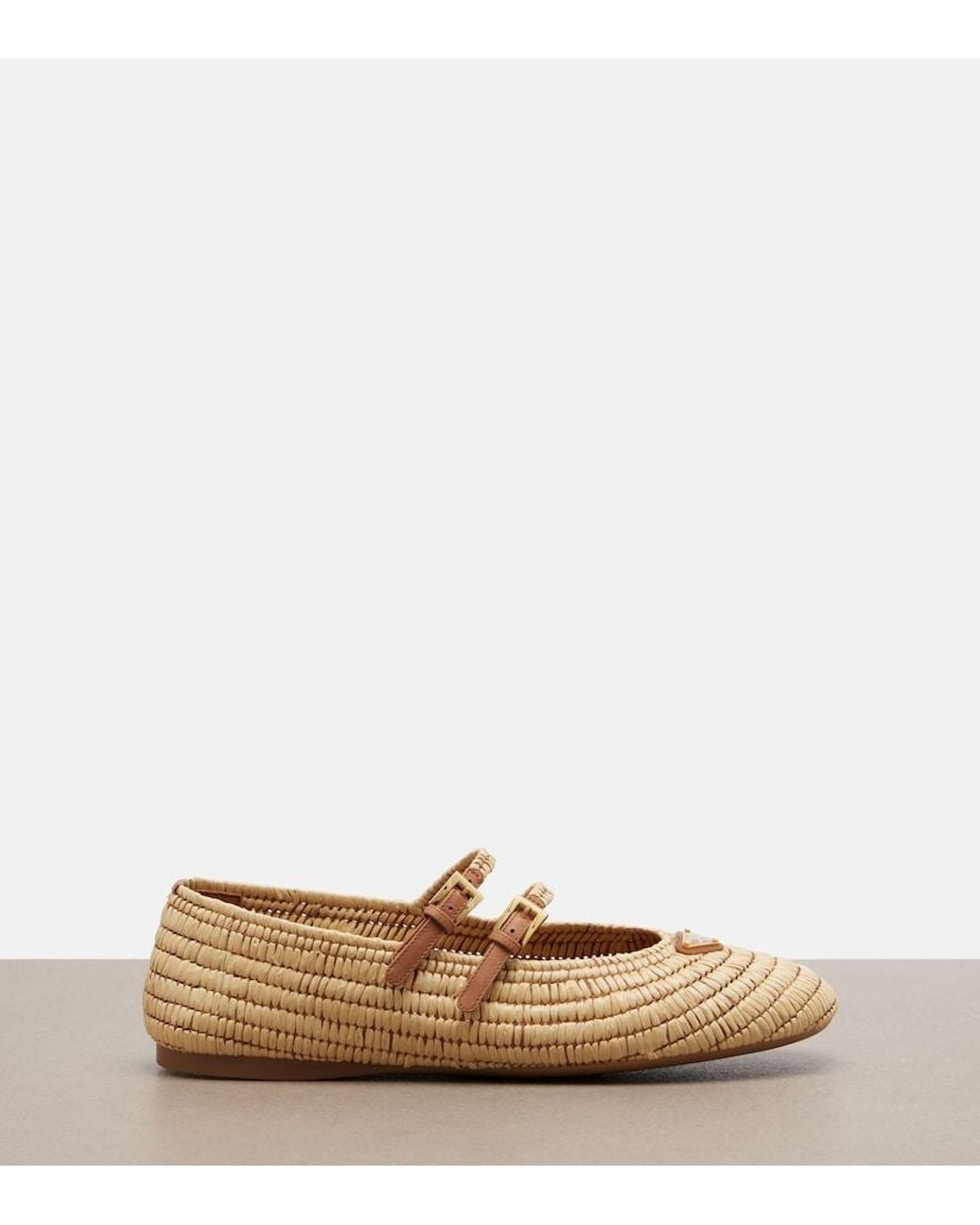 Prada Brown Crochet Raffia-Effect Mary Jane Flats