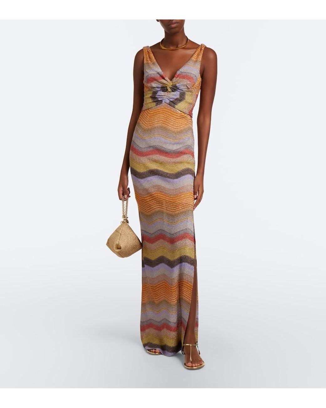 Missoni White Wave Gathered Open-Back Lame Gown