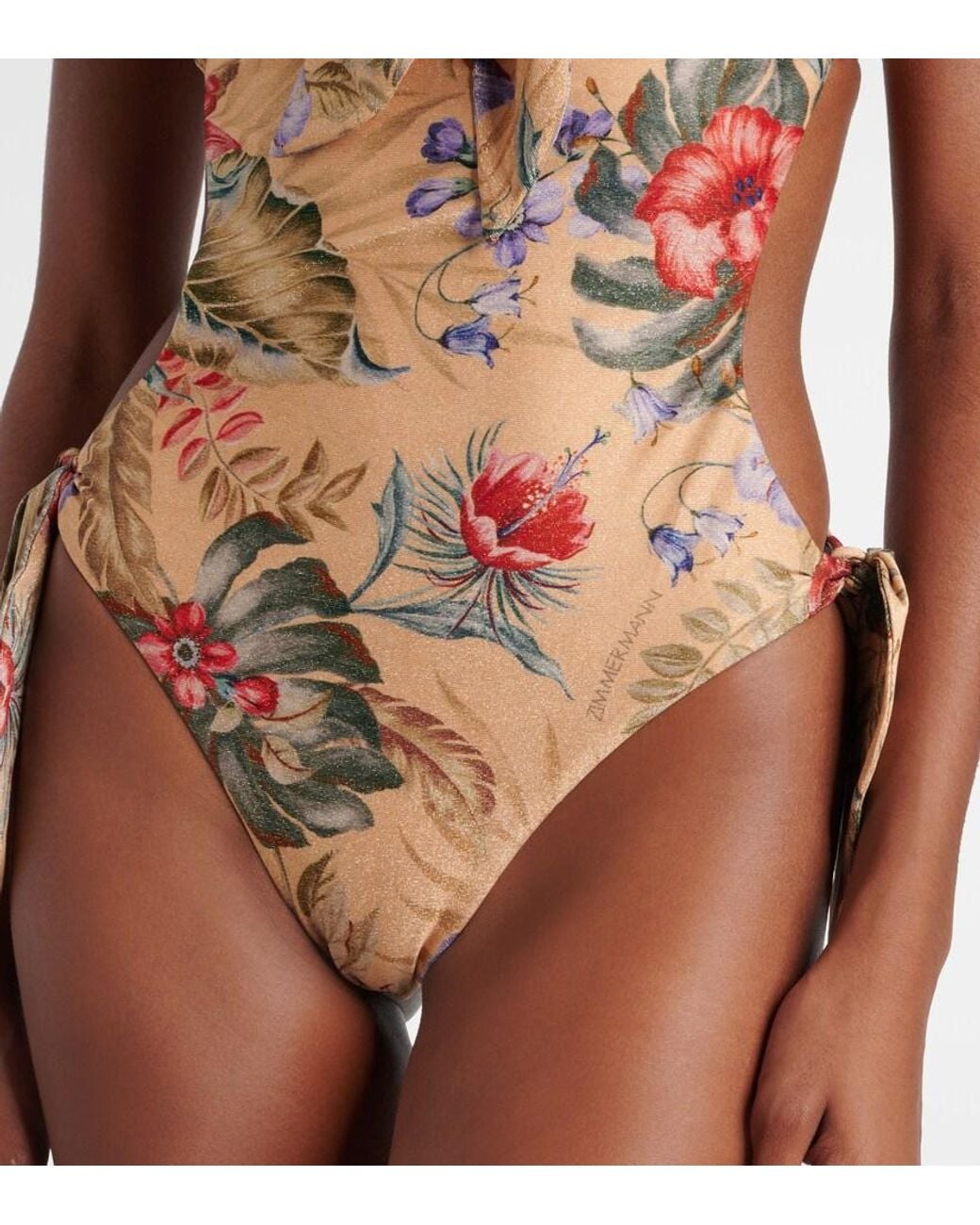 Zimmermann Brown Coco Bow-Detail Floral Swimsuit
