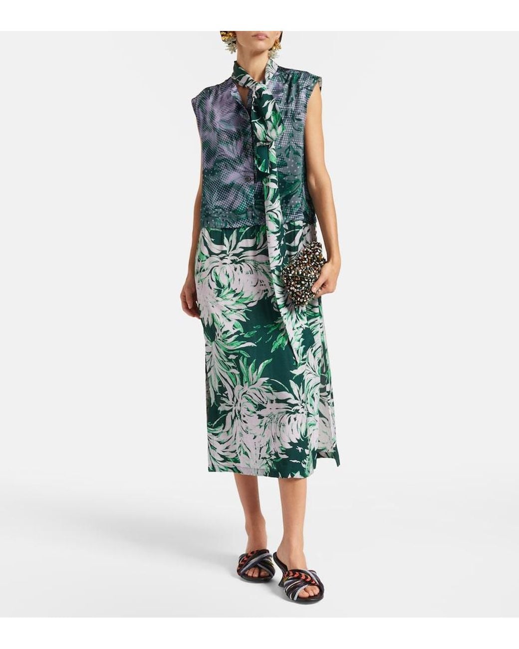 Dries Van Noten Green Printed Tie-Neck Midi Dress