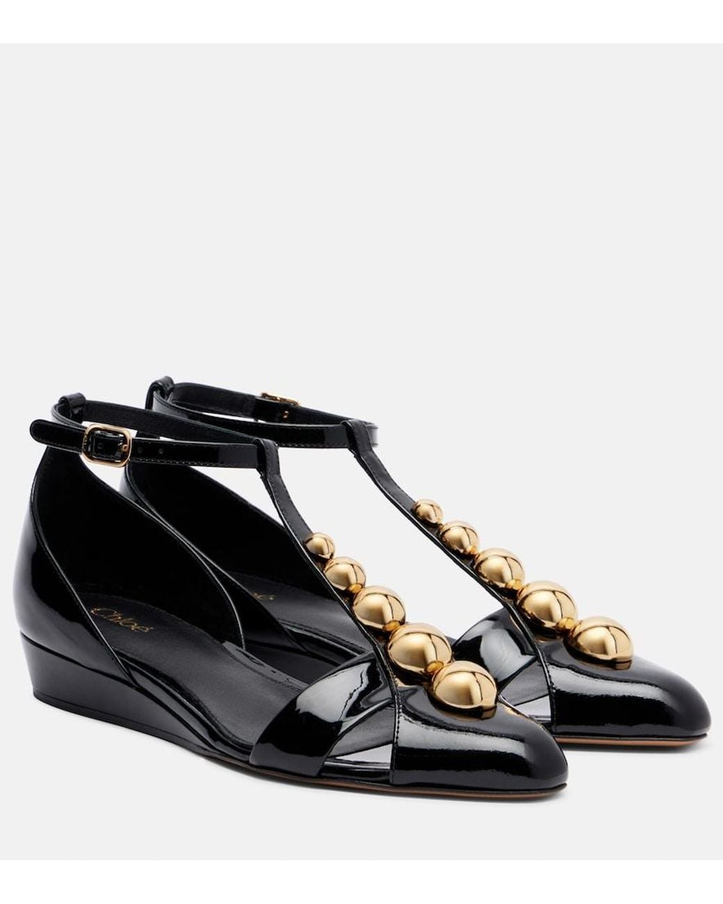 Chloé Black Cleia Studded Patent-Leather Wedge Sandals