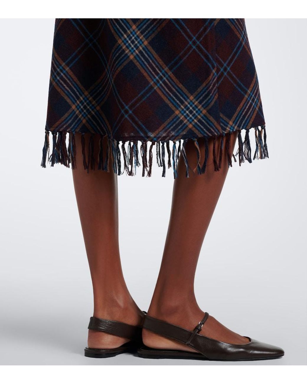 Doen Blue Elowette Fringed Plaid Midi Skirt