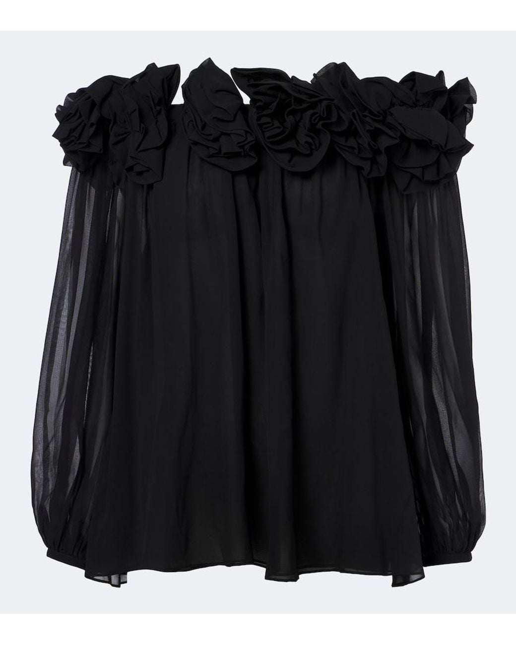 Carolina Herrera Black Floral-Applique Gathered Silk Top