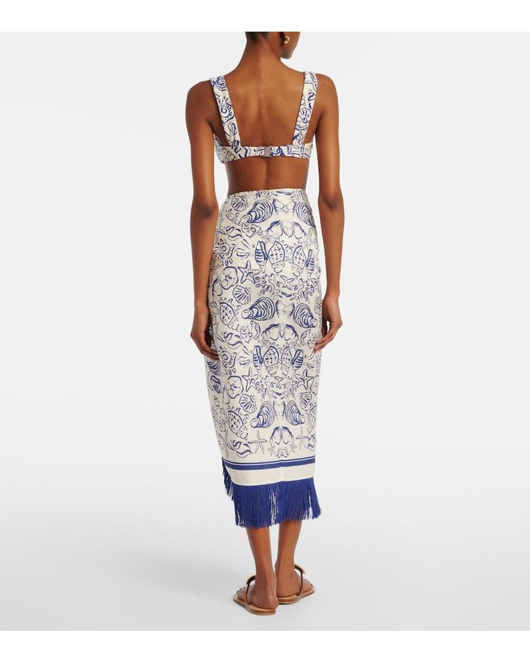 Jonathan Simkhai Blue Fringed Printed Linen-Blend Beach Cover-Up