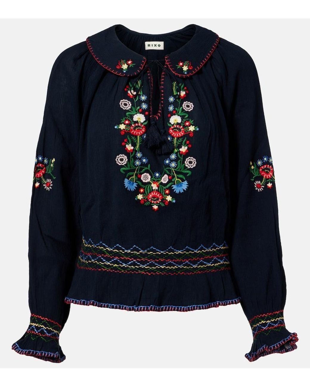 Rixo Blue Sofira Embroidered Cotton Top