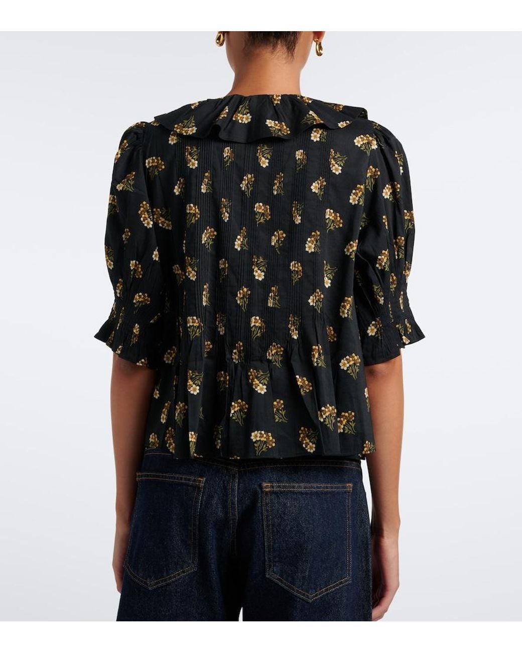 Doen Black Henri Floral Ruffled Cotton-Blend Blouse