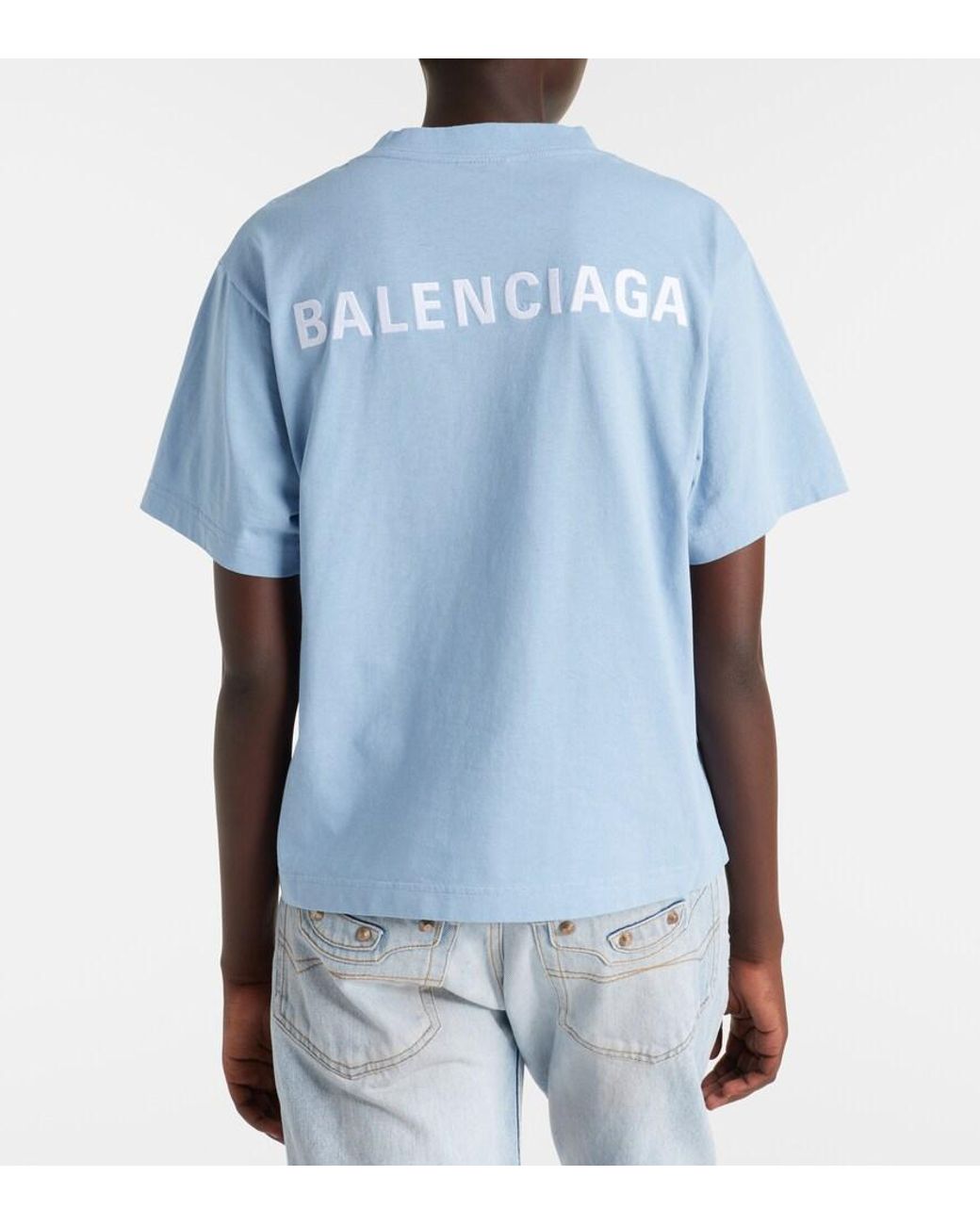 Balenciaga Blue Besticktes T-Shirt Aus Baumwoll-Jersey