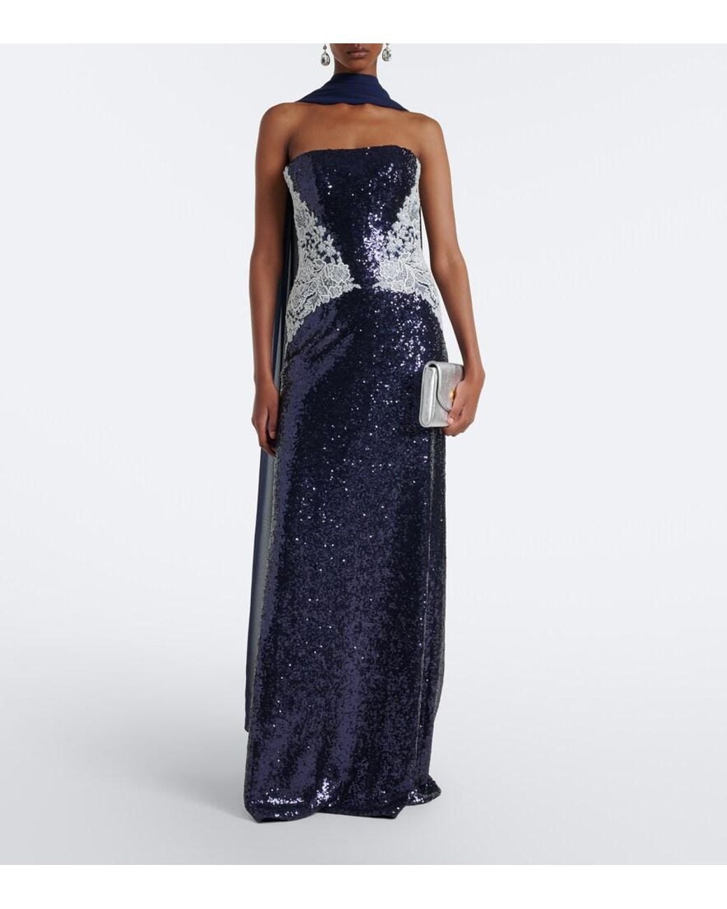 Costarellos Blue Scarf-Detail Sequined Bustier Gown