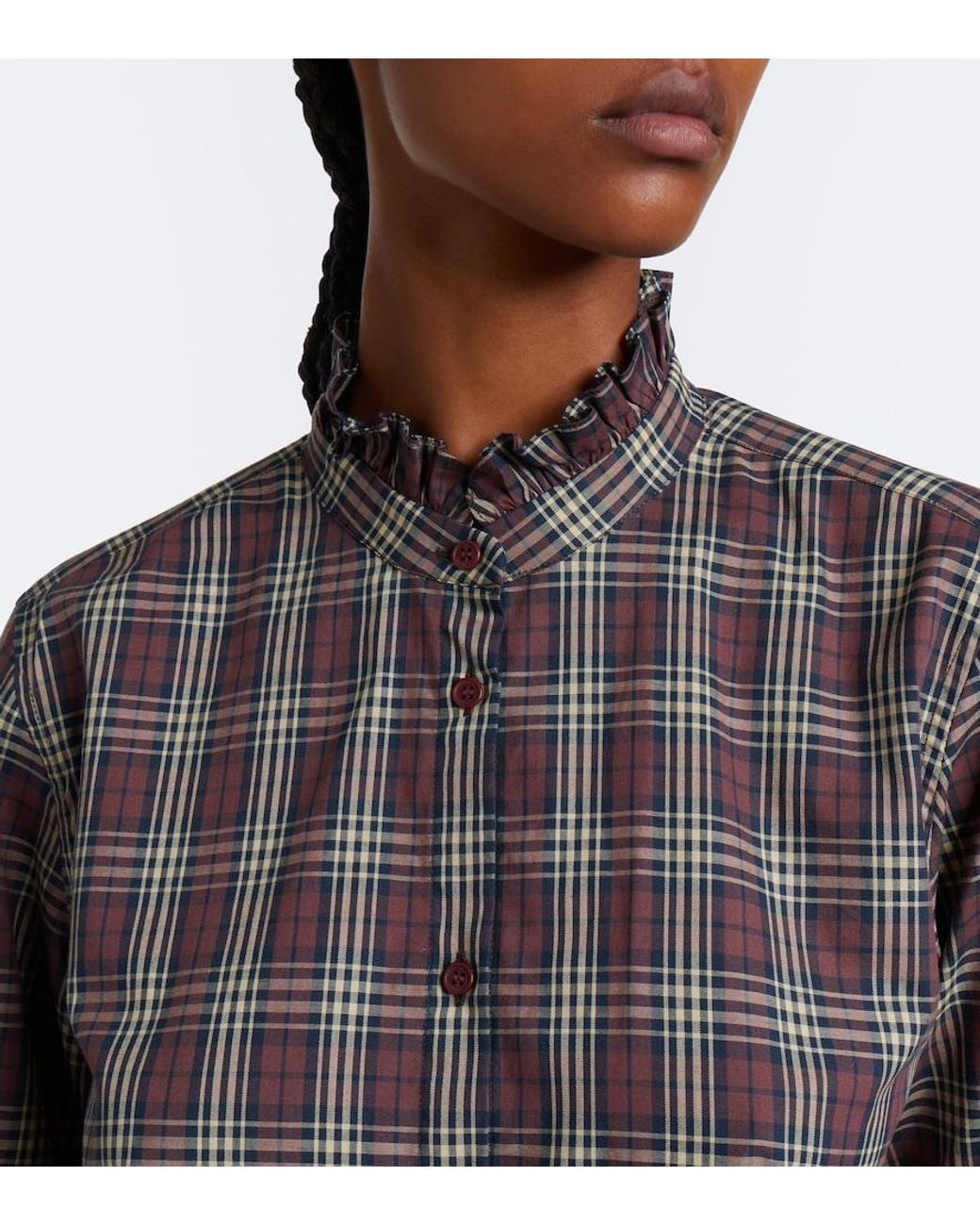 Nili Lotan Brown Elio Ruffled Checked Cotton Shirt