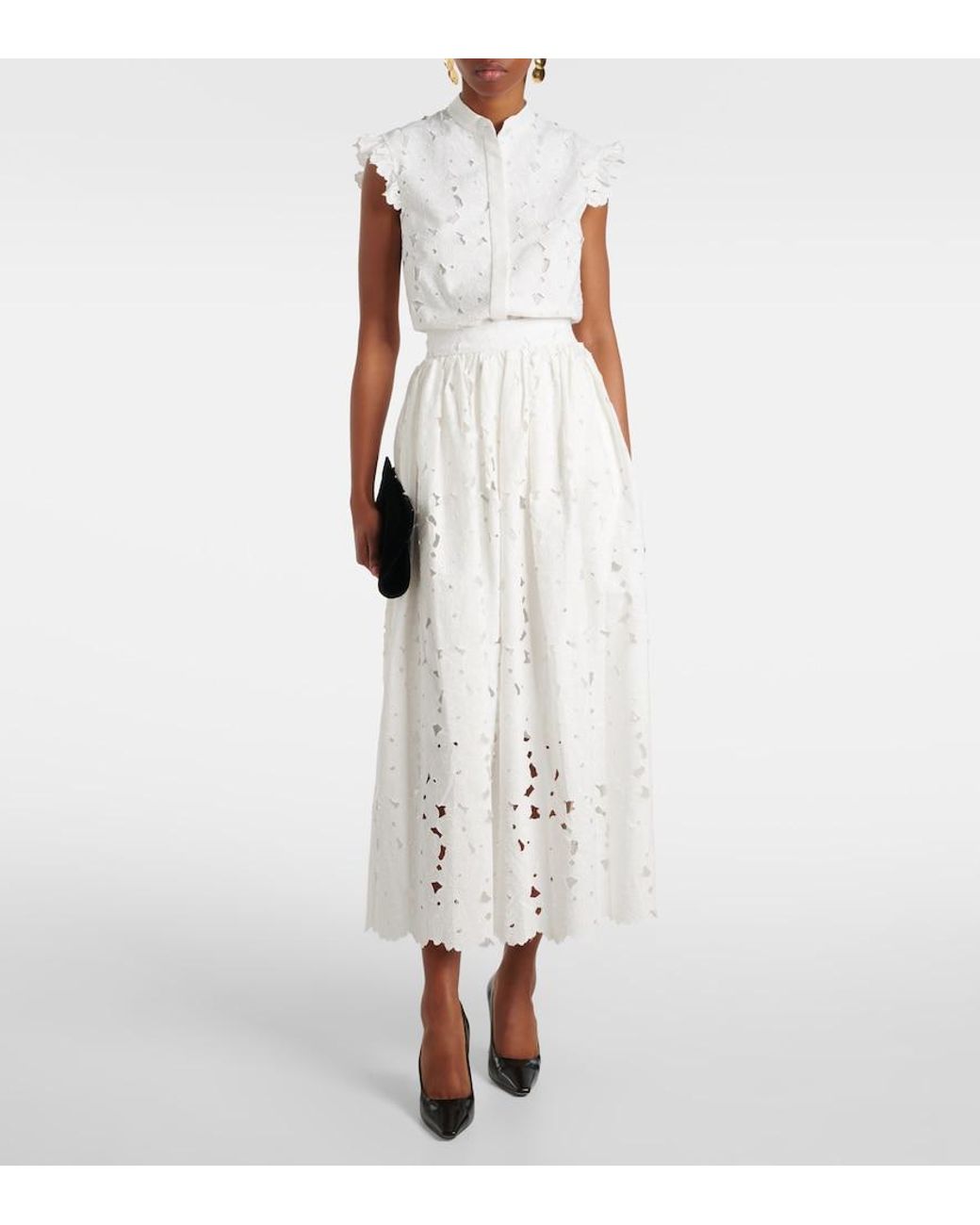 Erdem White Gathered Cotton-Blend Midi Skirt