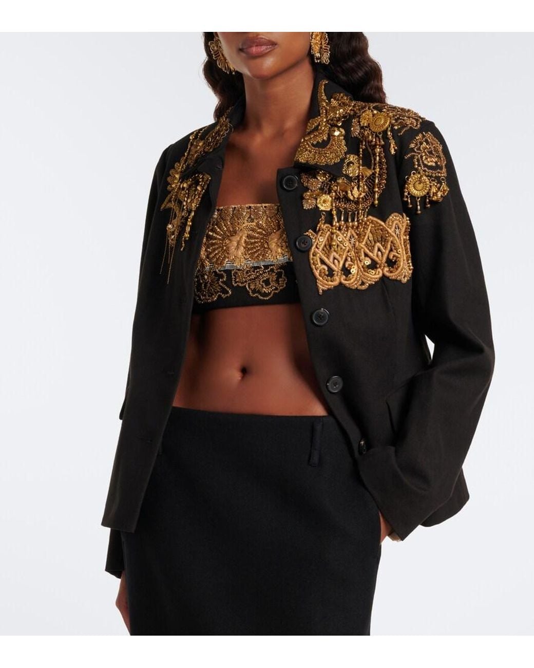 Dries Van Noten Black Embellished Cotton Twill Blazer