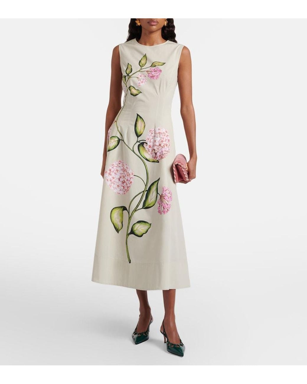 Oscar de la Renta Metallic Porcelain Cotton-Blend Poplin Midi Dress