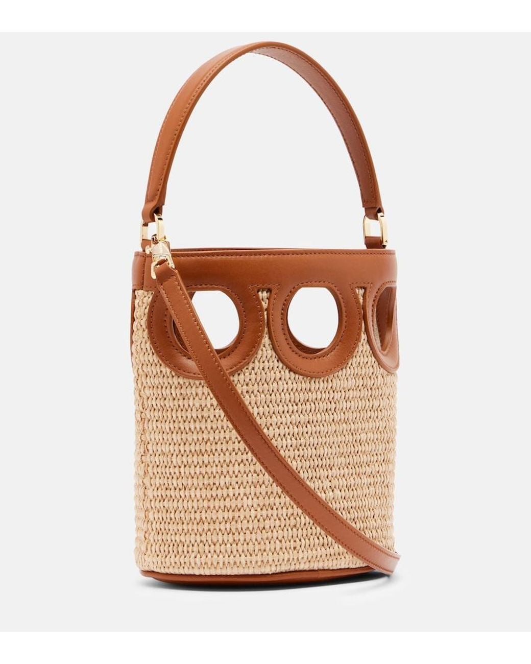 Ferragamo Brown Gancini Small Raffia Bucket Bag