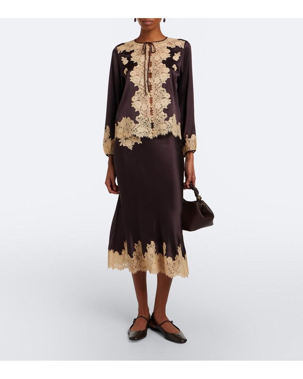 Doen Black Lucine Lace-Trimmed Silk Satin Blouse