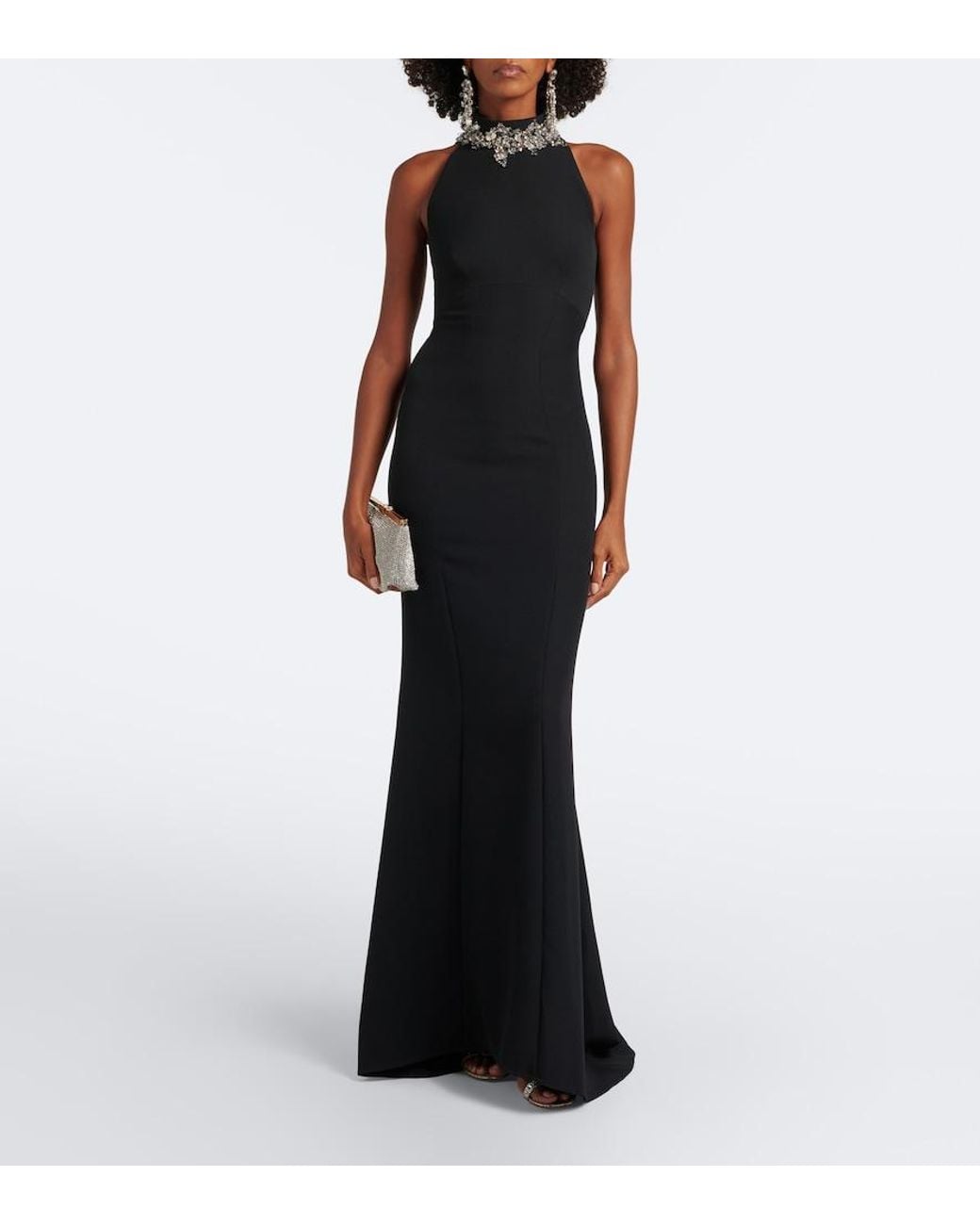 Safiyaa Black Lark Embellished Halterneck Crepe Gown
