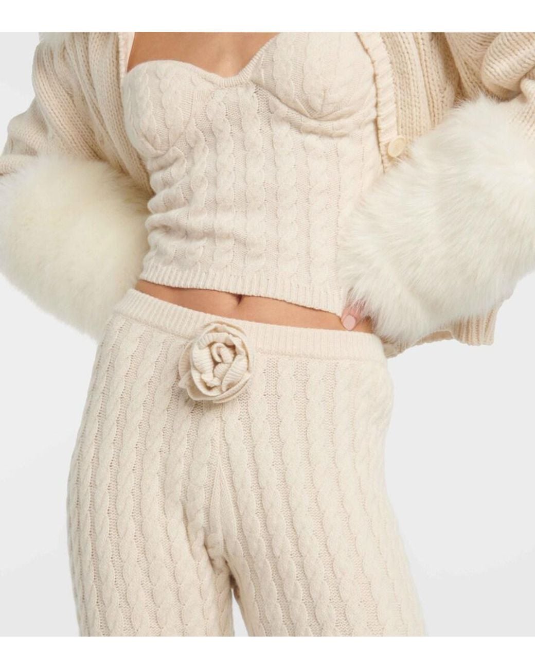 Magda Butrym Natural Floral-Applique Split-Hem Flared Pants