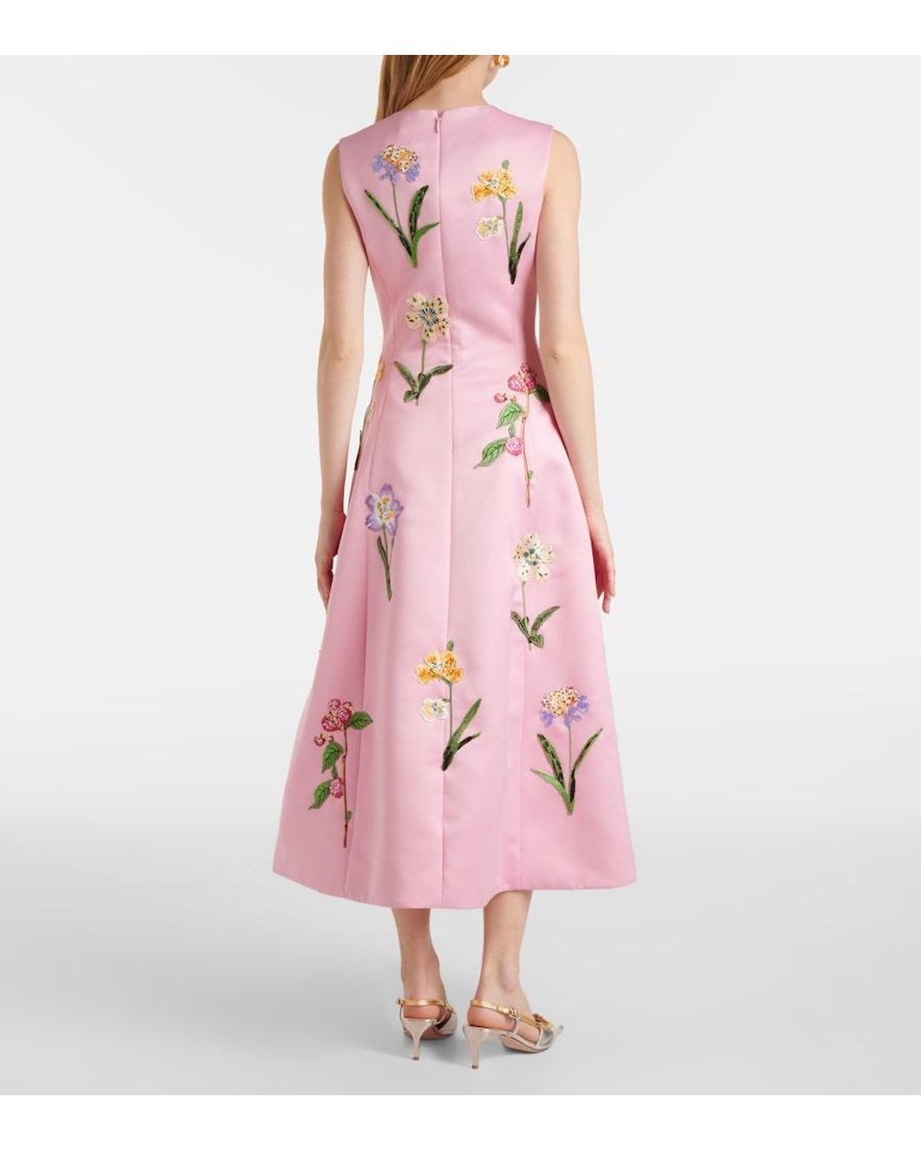 LEO LIN Pink Cleo Floral Embroidered Satin Midi Dress