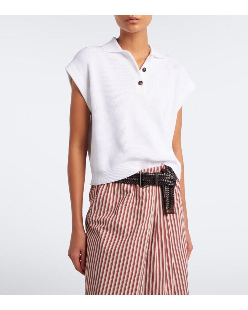 Brunello Cucinelli White Ribbed-Knit Cotton Top