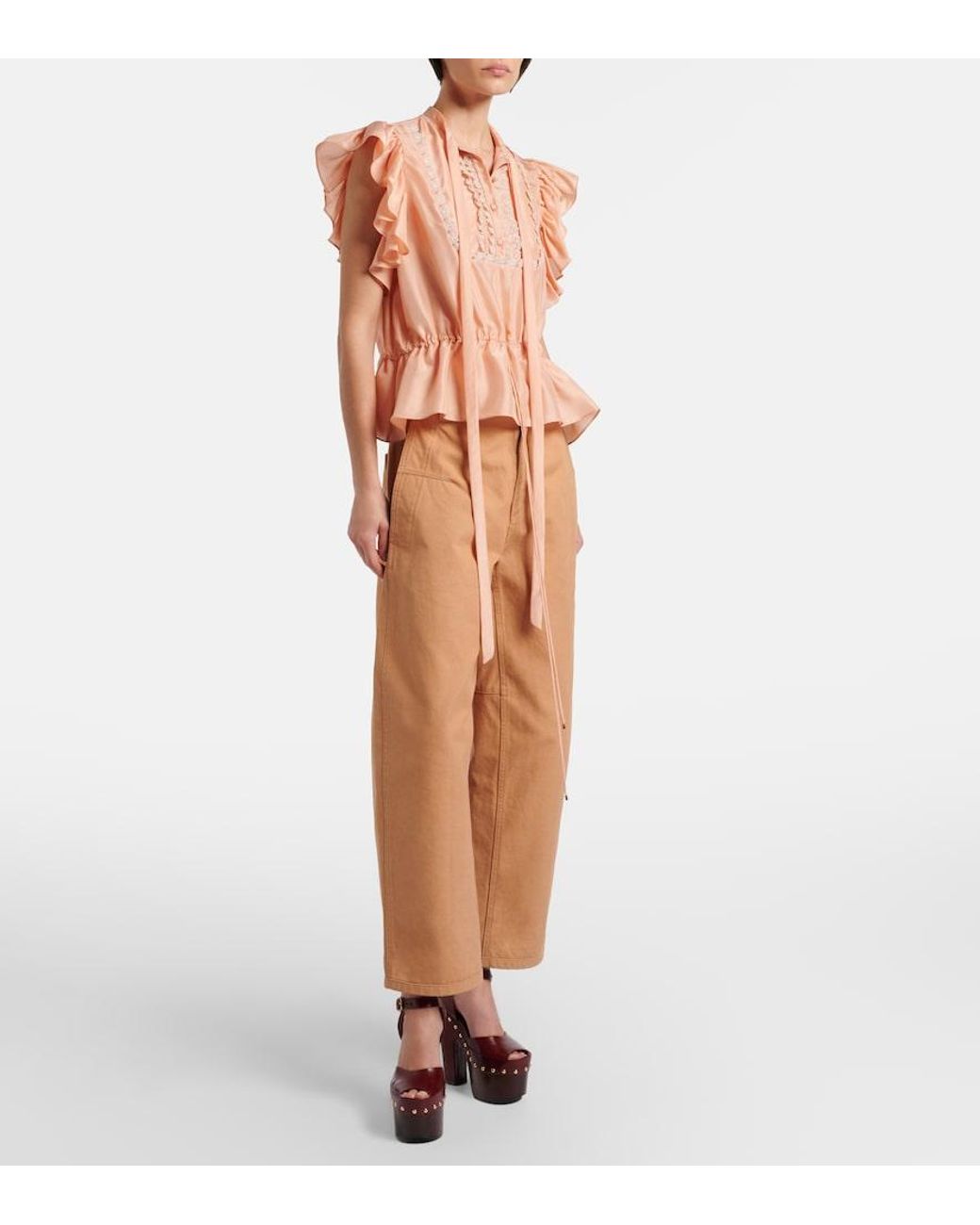 Chloé White Ruffled Lace-Trimmed Silk Top