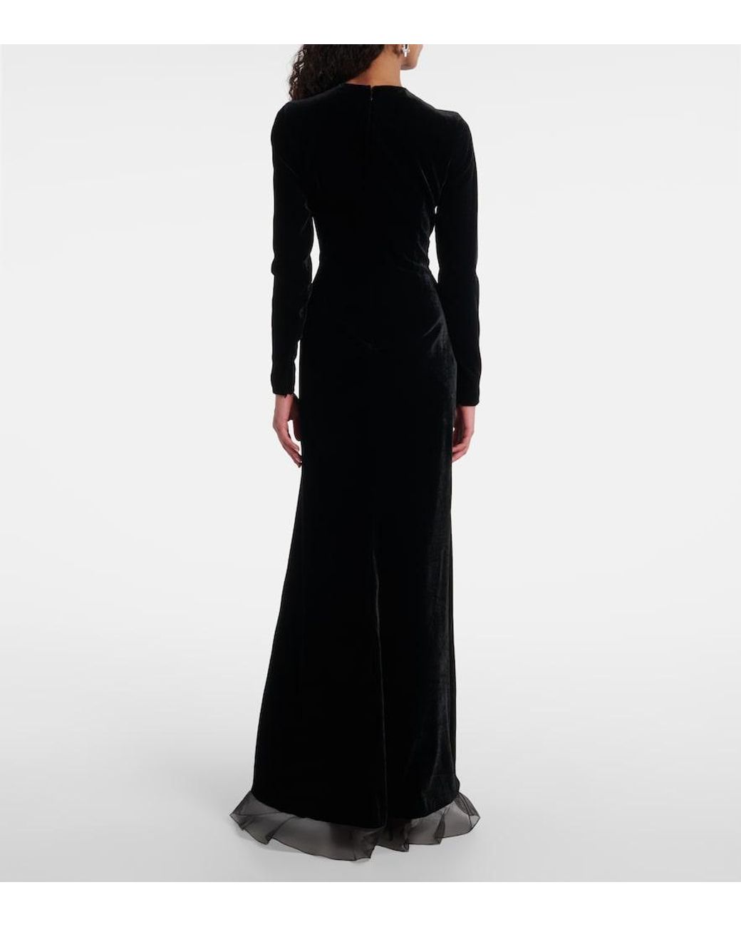 Alessandra Rich Black Ruched Silk-Trimmed Asymmetric Velvet Gown