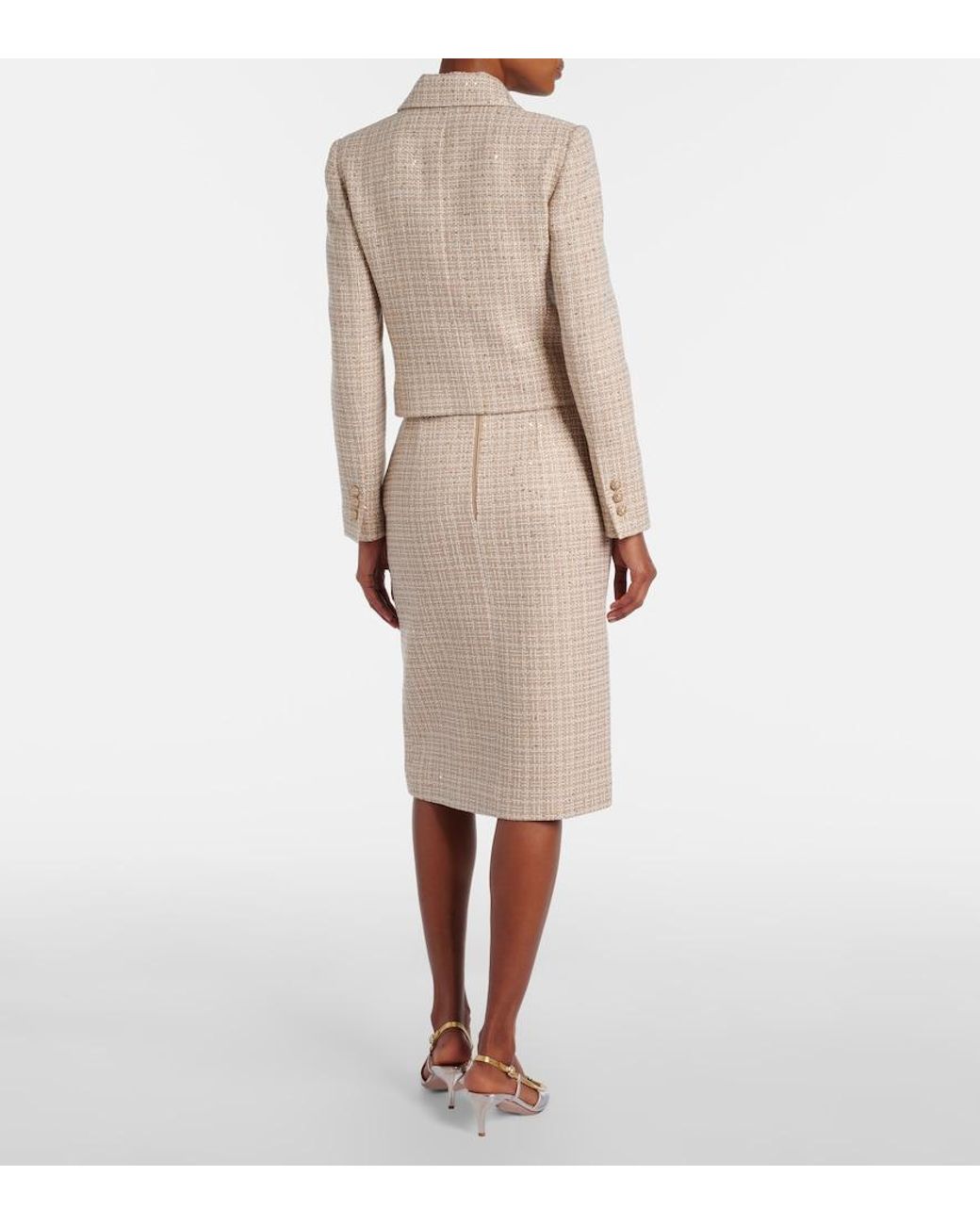 Elie Saab Natural Checked Sequined Tweed Midi Skirt