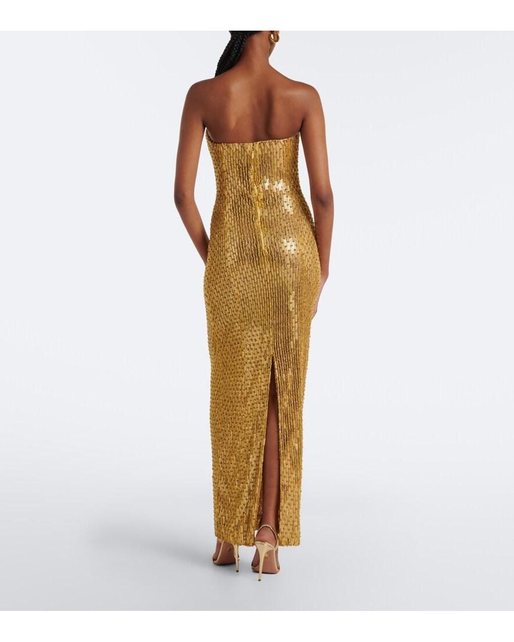 Rachel Gilbert Metallic Rosalie Draped Embellished Bustier Gown