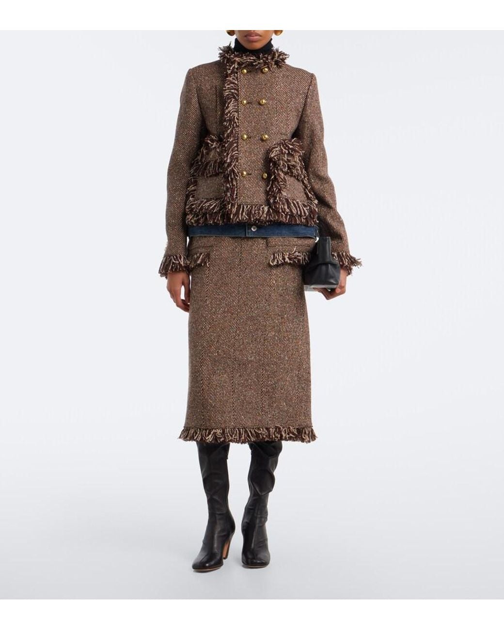 Sacai Brown Fringed Tweed And Denim Jacket
