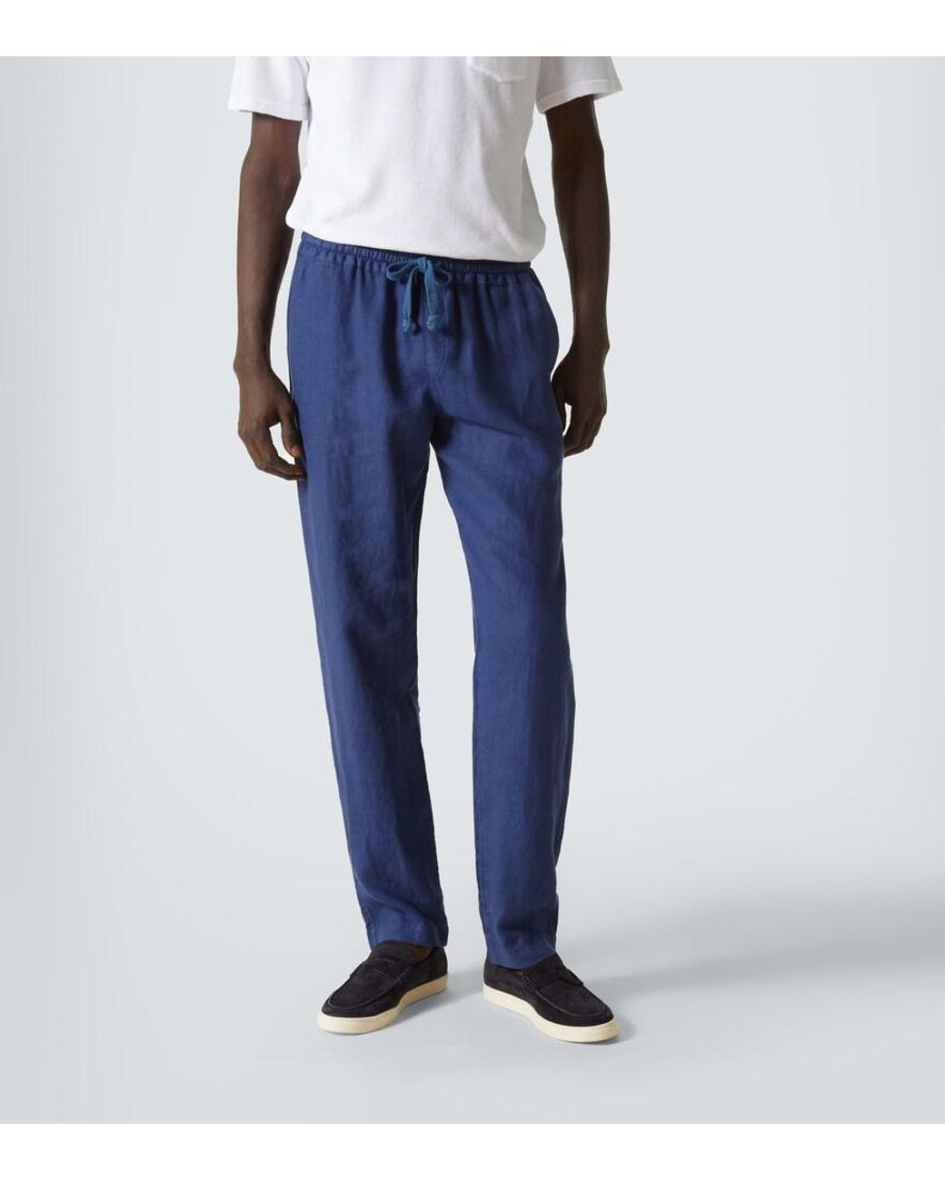 Fedeli Blue Linen Straight Pants for men