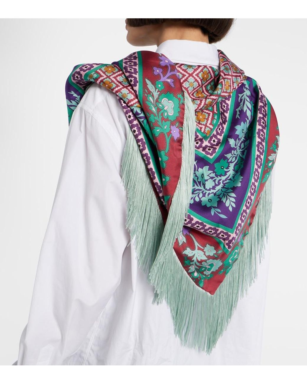 LaDoubleJ Blue Fringed Printed Silk Twill Scarf