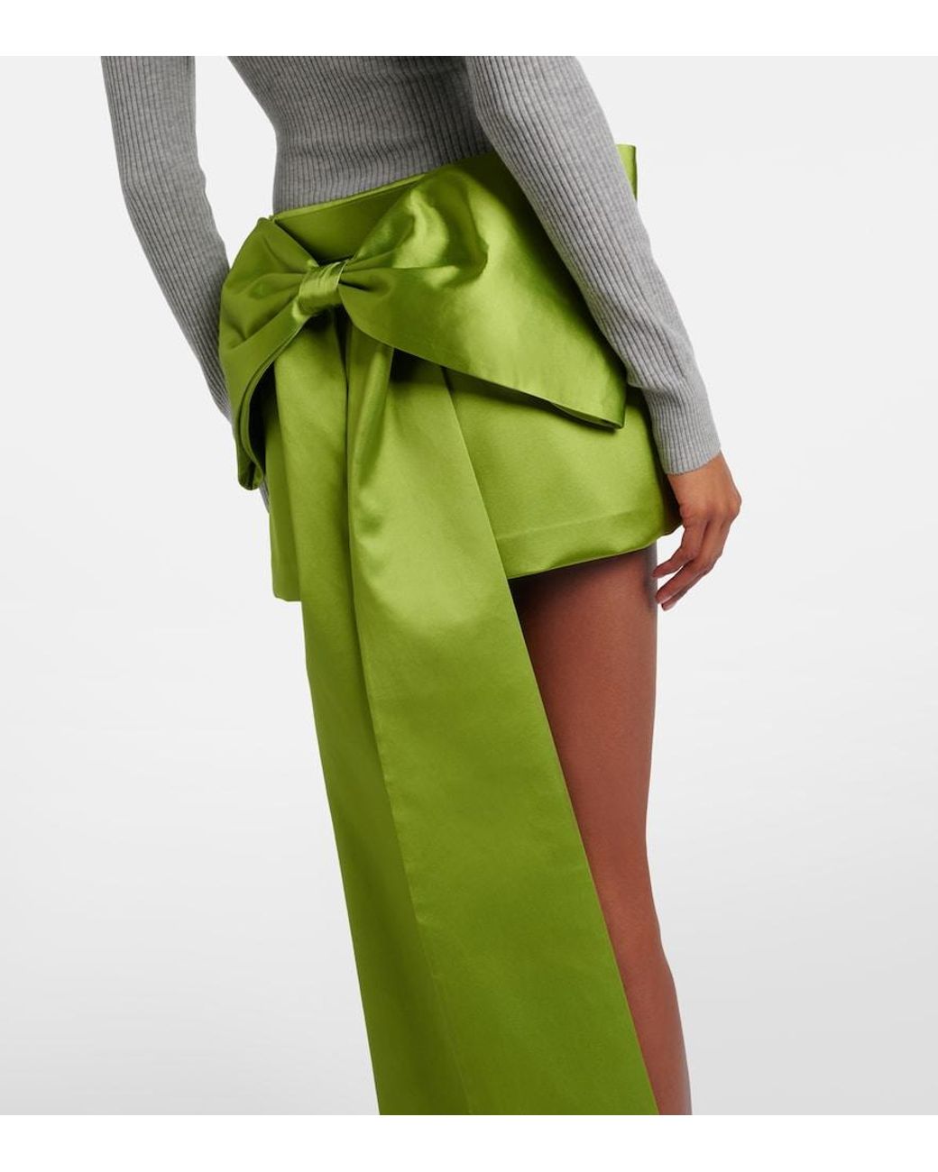 Self-Portrait Green Belted Bow-Detail Satin Miniskirt
