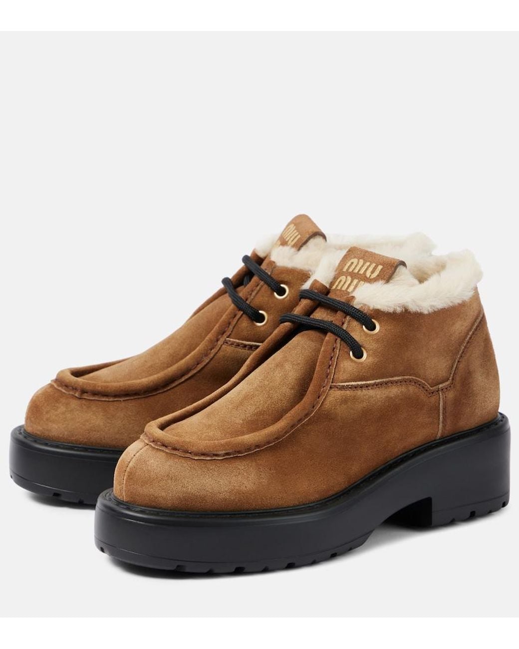 Miu Miu Brown Chunky Shearling-Trimmed Leather Flats