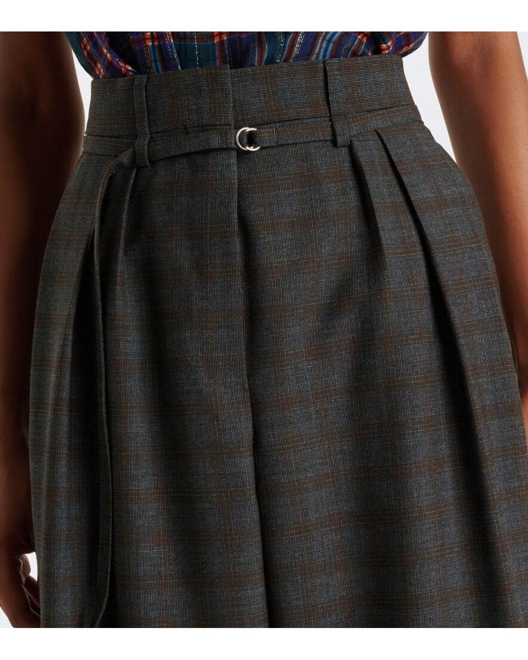 Dries Van Noten Gray Checked Pleated Wool Wide-Leg Pants