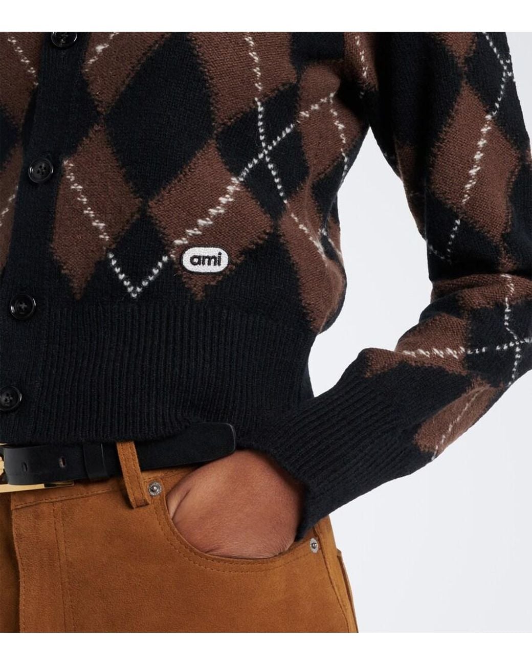 AMI Black Argyle Virgin Wool Cardigan