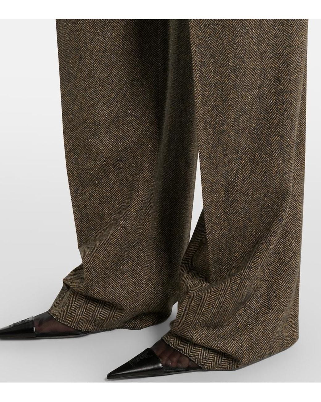Saint Laurent Brown Herringbone Wool-Blend Wide-Leg Pants