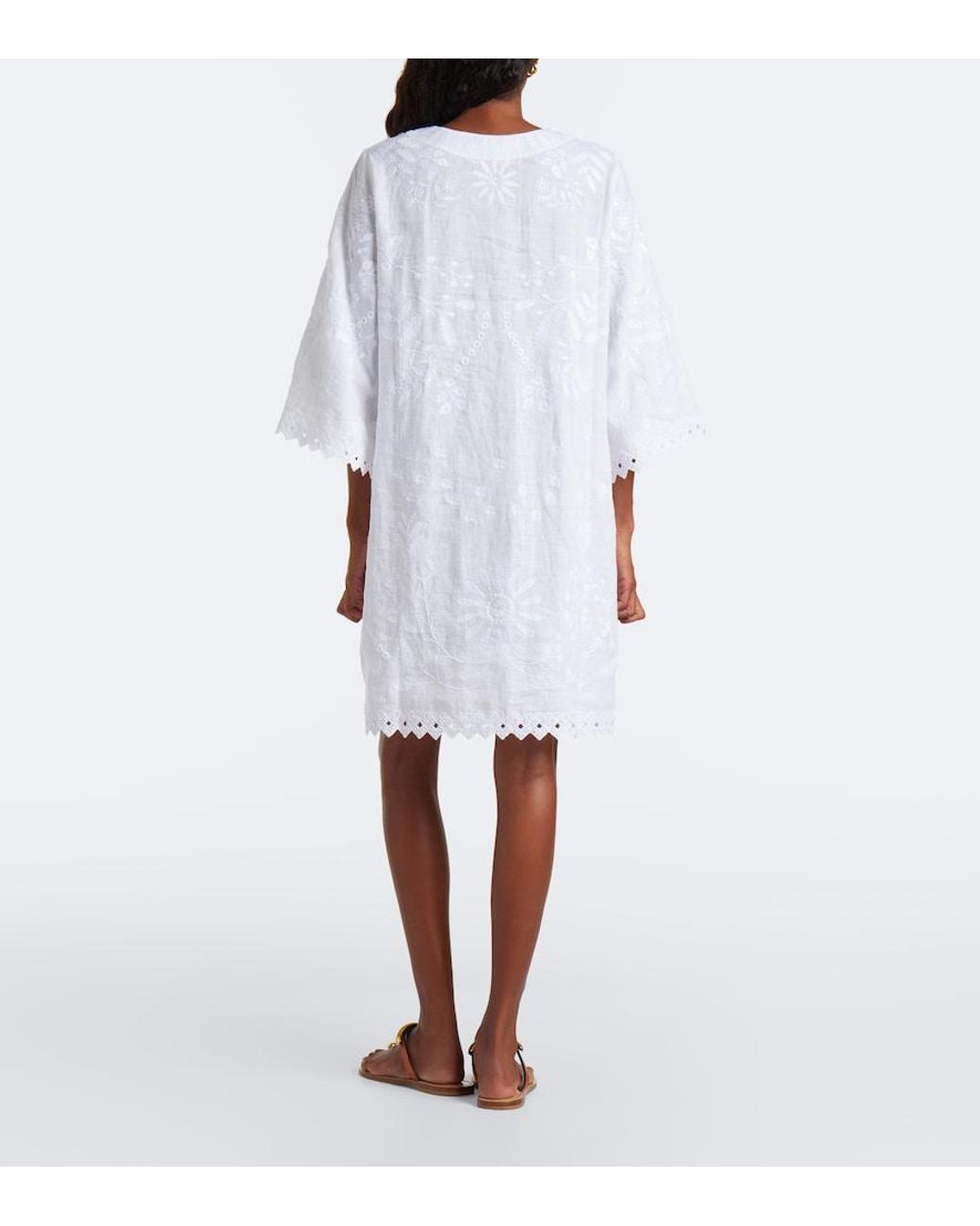 Eres White Aigue-Marine Embroidered Linen Minidress
