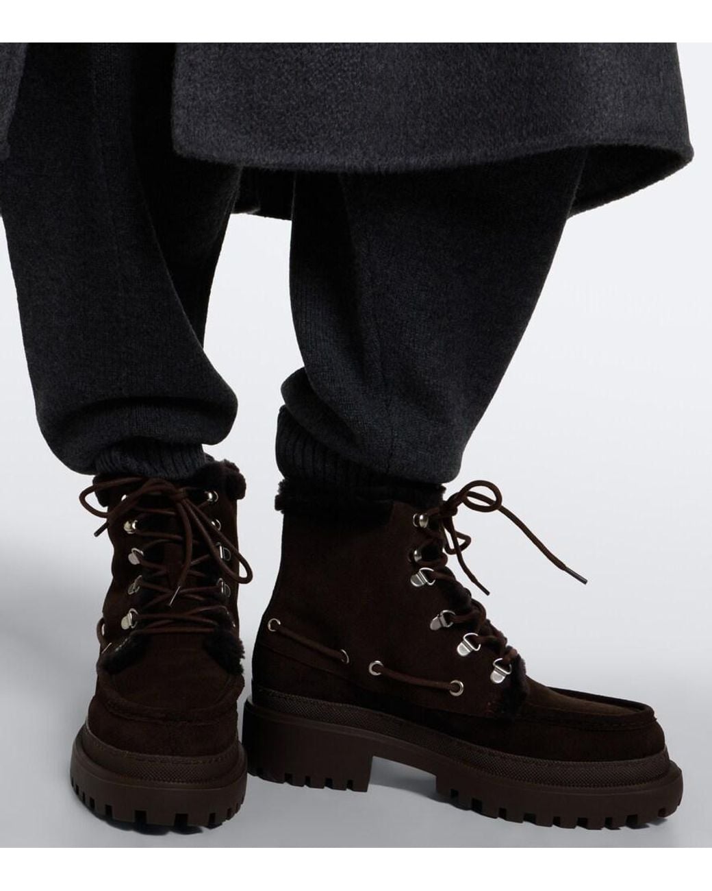 Yves Salomon Black Shearling-Lined Suede Lace-Up Boots