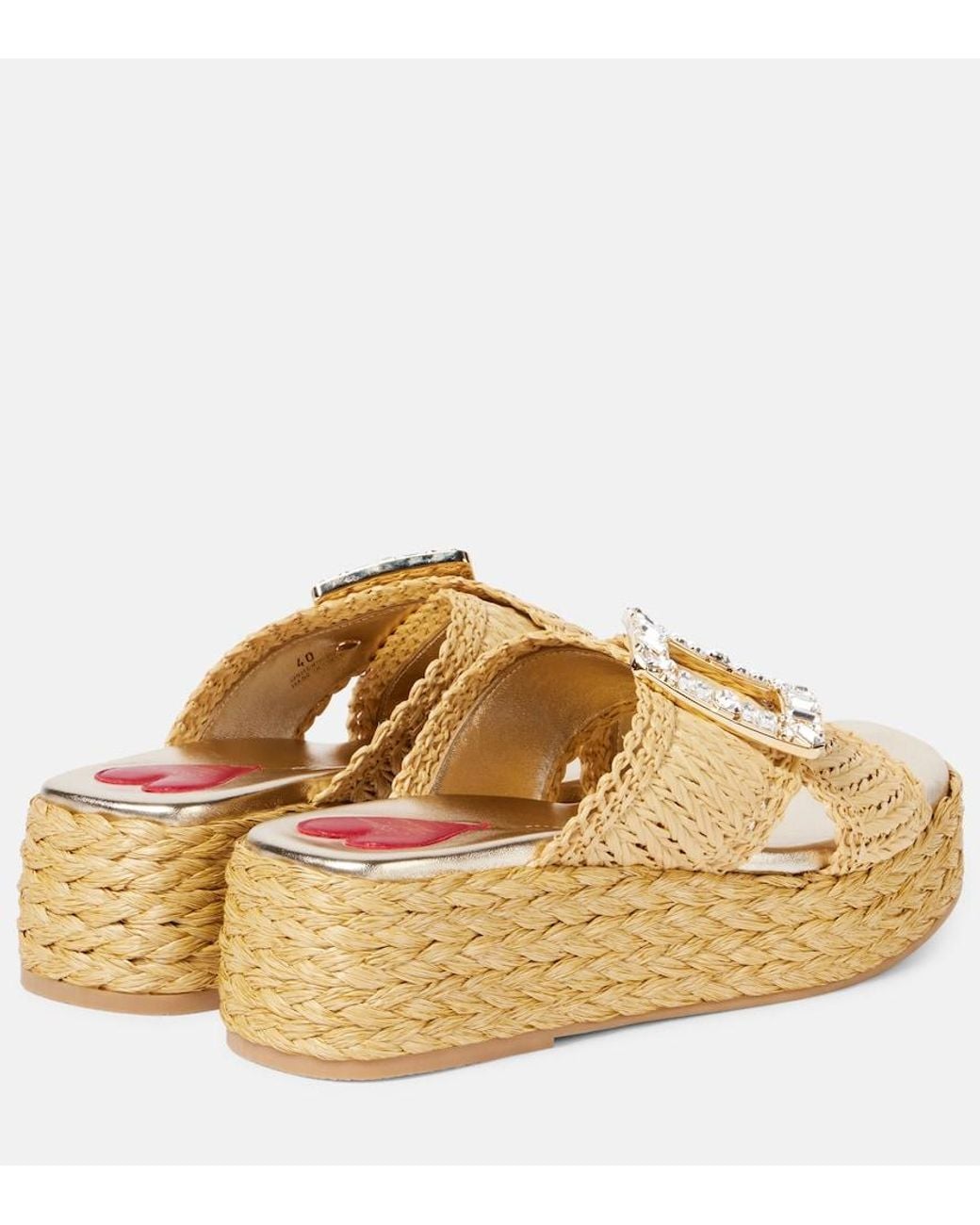 Roger Vivier Metallic Embellished Raffia Espadrille Slides