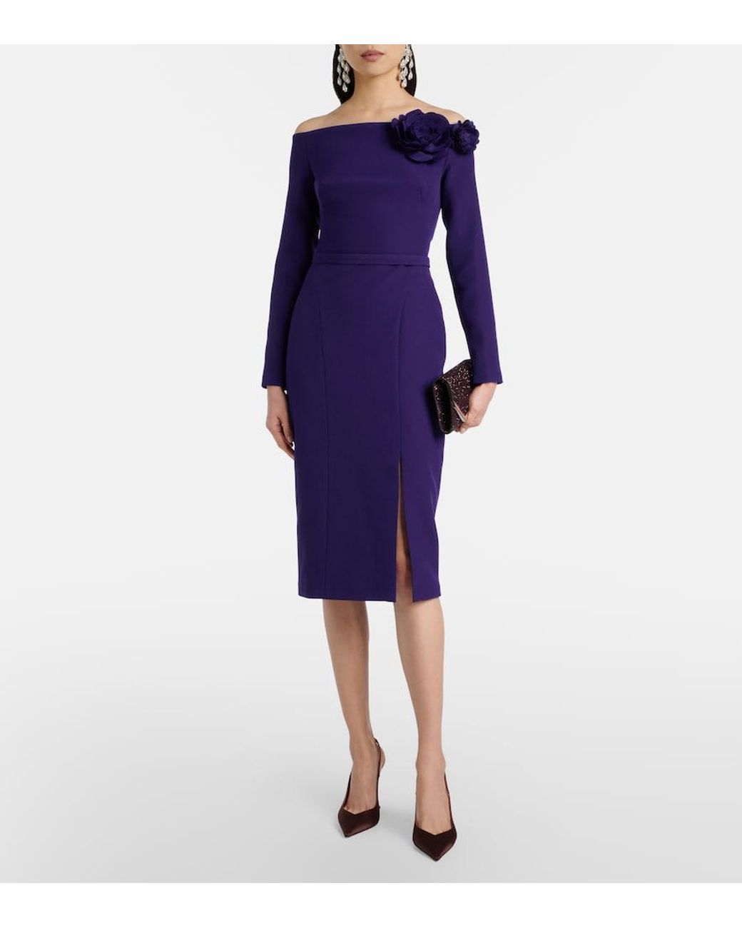 Safiyaa Purple Jay Floral-Applique Crepe Midi Dress