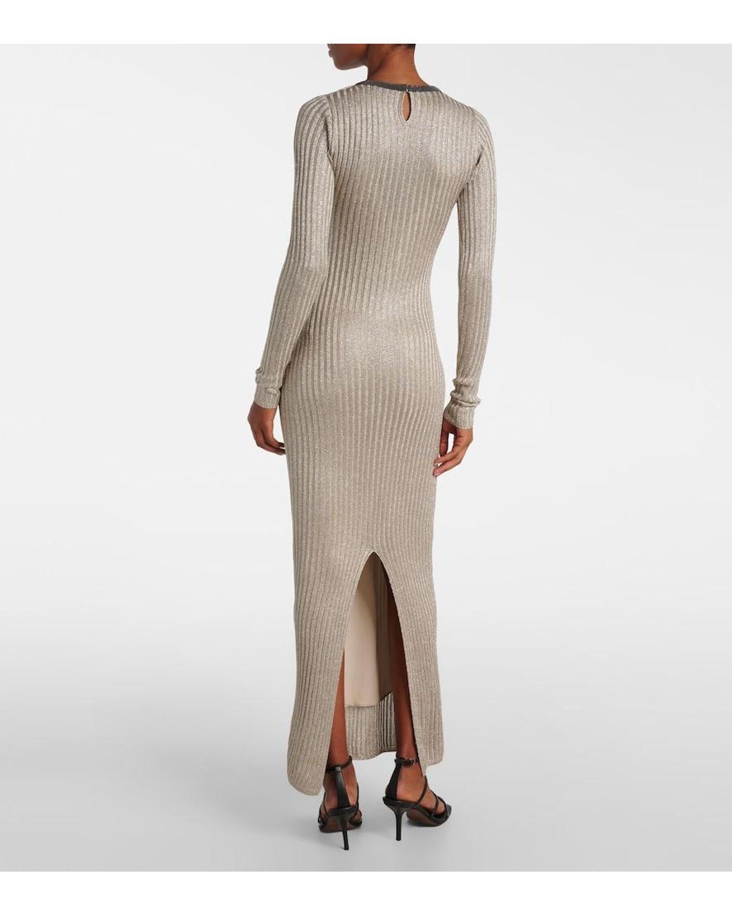 Brunello Cucinelli Gray Monili Ribbed-Knit Lame Maxi Dress